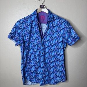 Au Noir Shirt Mens Medium Blue Purple Button Up Short Sleeve Geometric Pattern